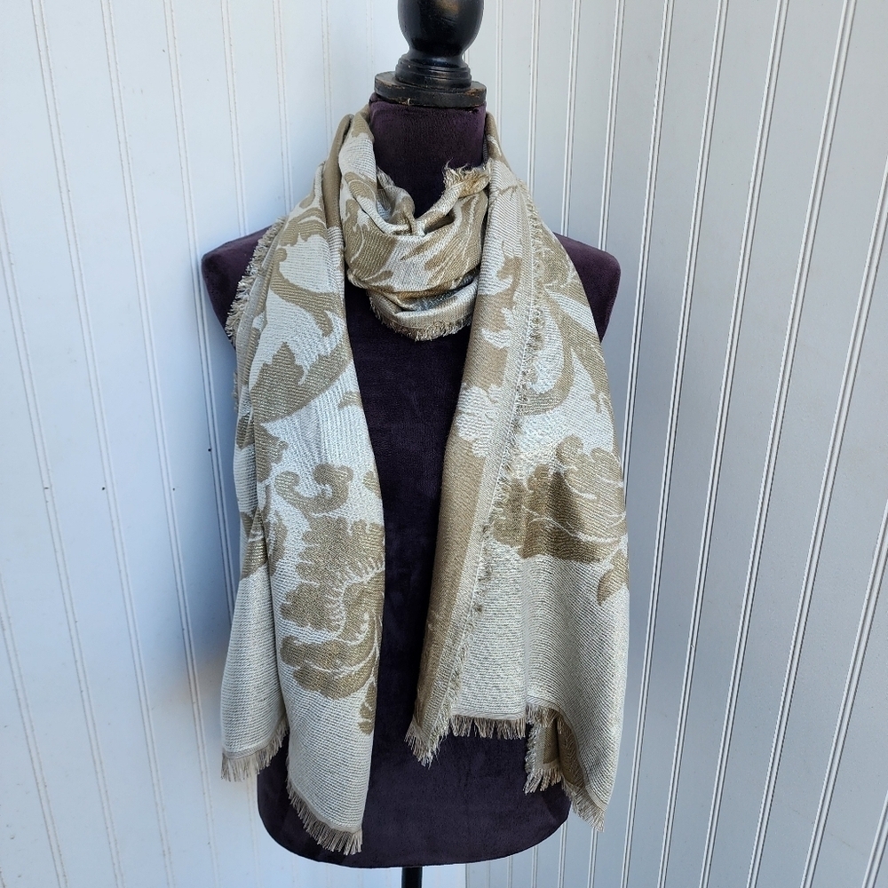 Soft Beige Gold Neutral Women Floral Scarf Fringe Womens 21"×74"